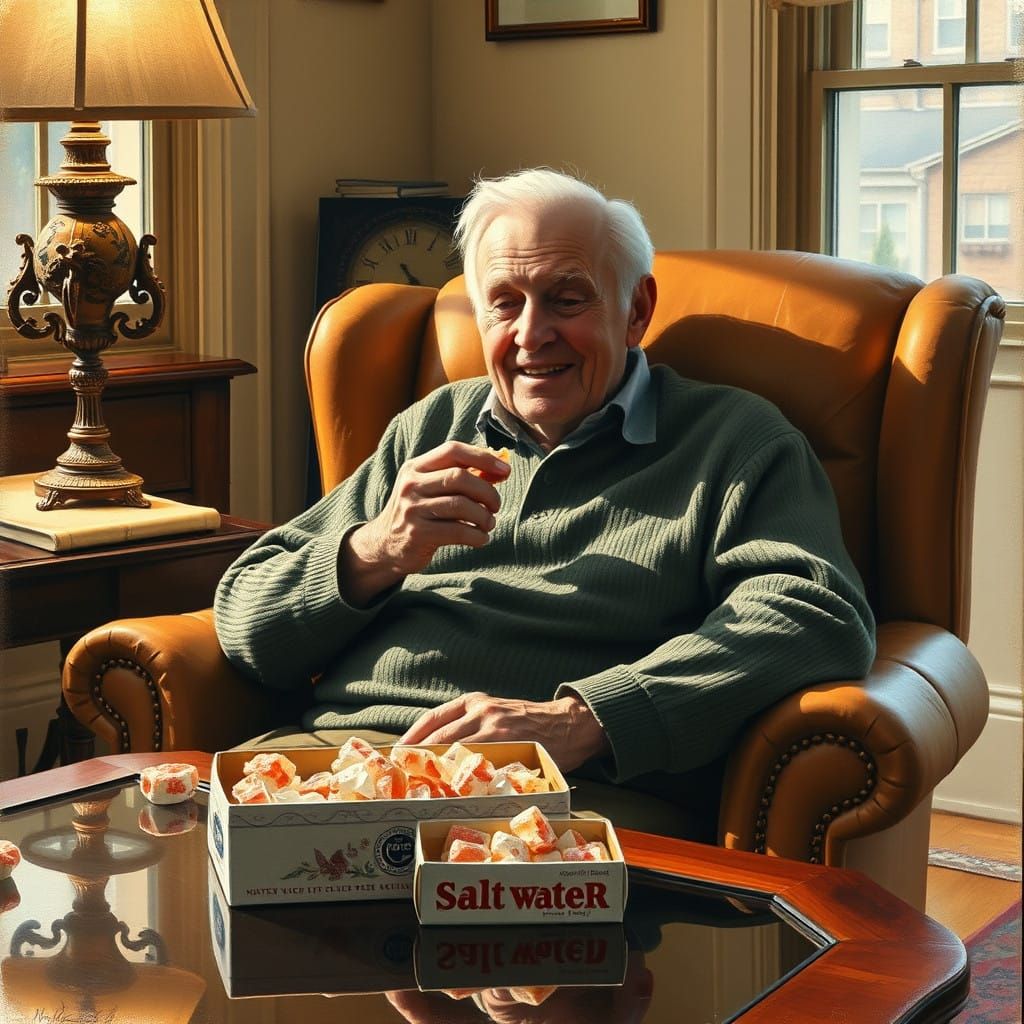 Elderly Man Savoring Salt Water Taffy in Cozy Armchair