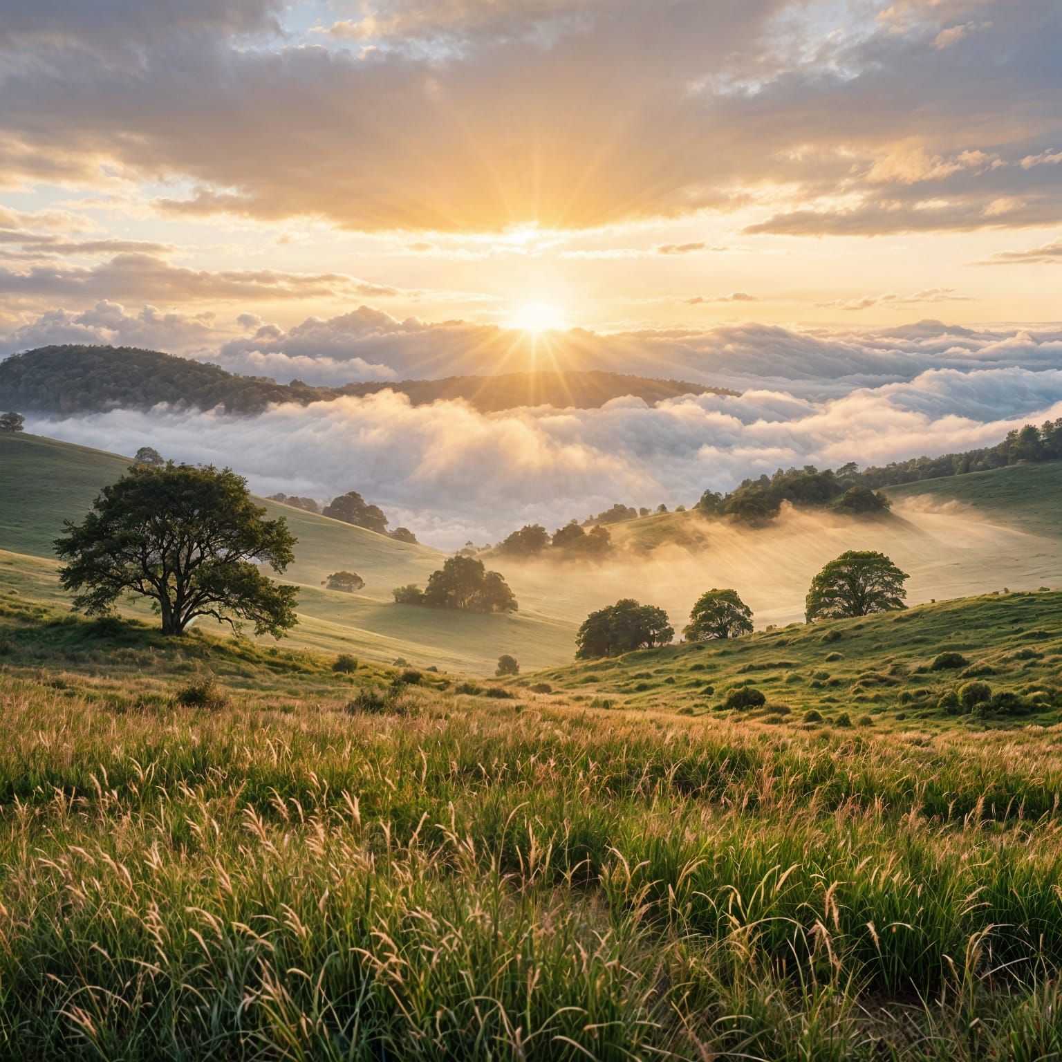 Serene Landscape After Rain with Golden Sun Rays