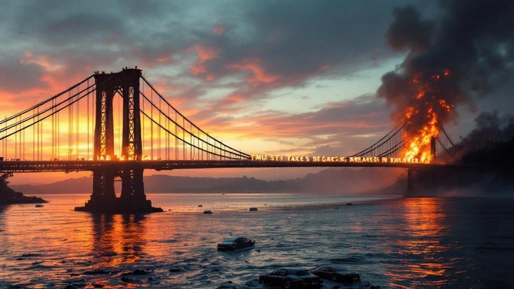 Burning Bridge with Flags and Text in Dystopian Style