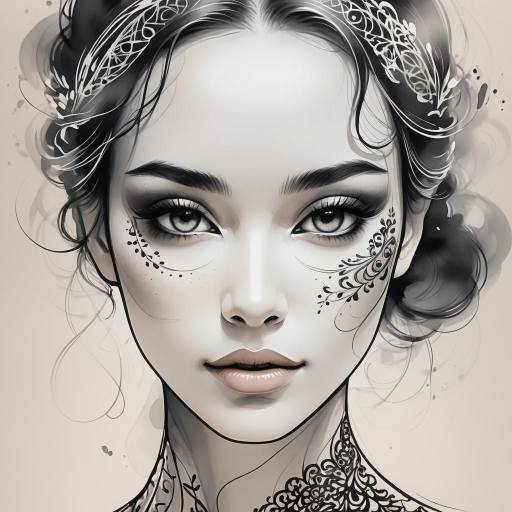 Girl with Black Filigree: Delicate Ink Illustration