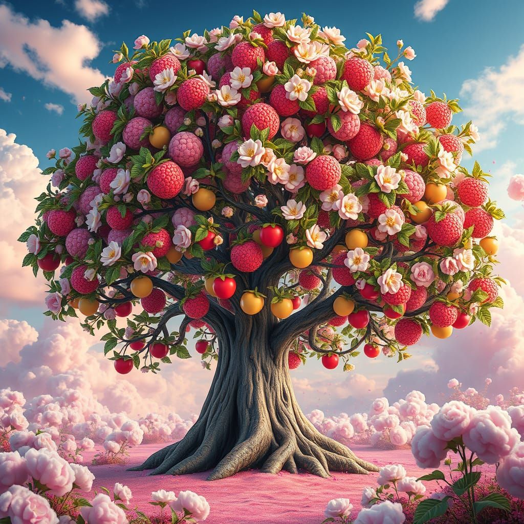 Candy Tree Landscape with Cotton Candy Clouds
