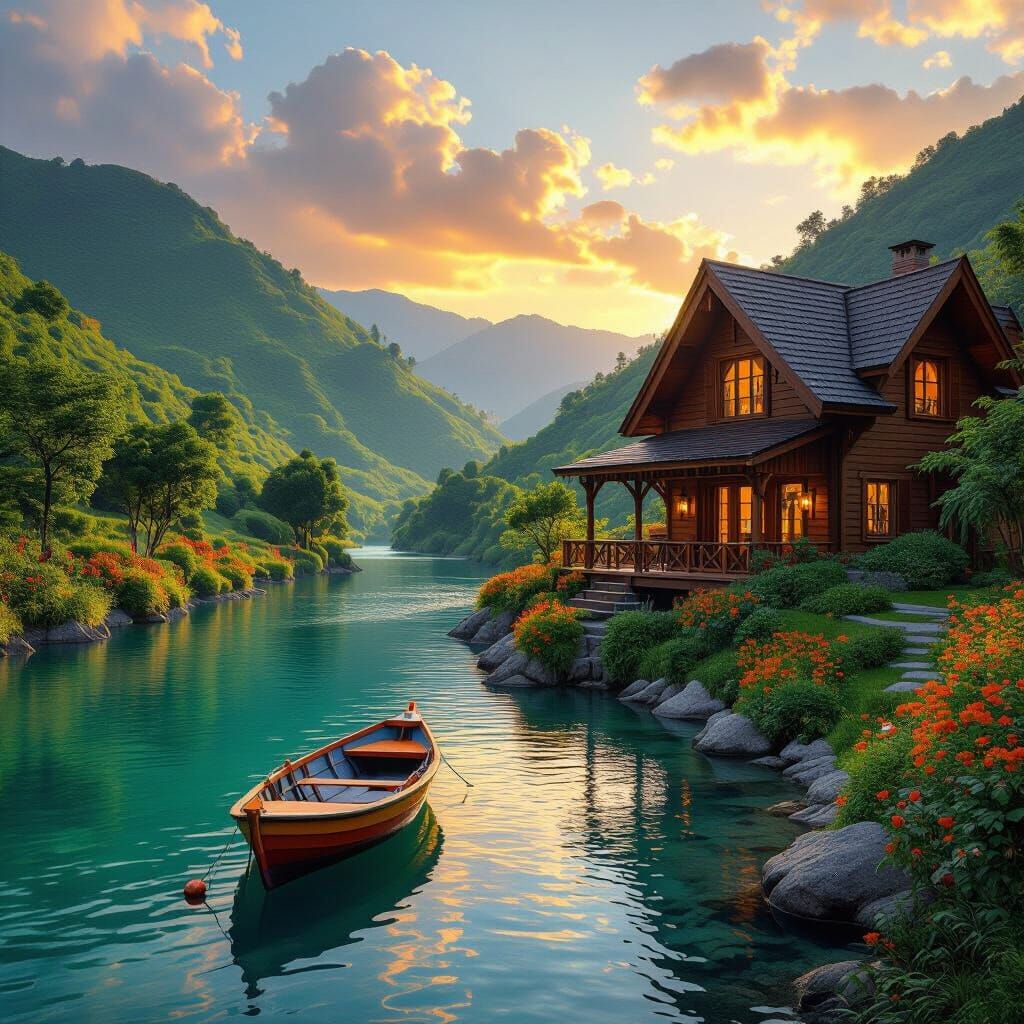 Enchanting River Landscape With Glowing Tree and Sunset