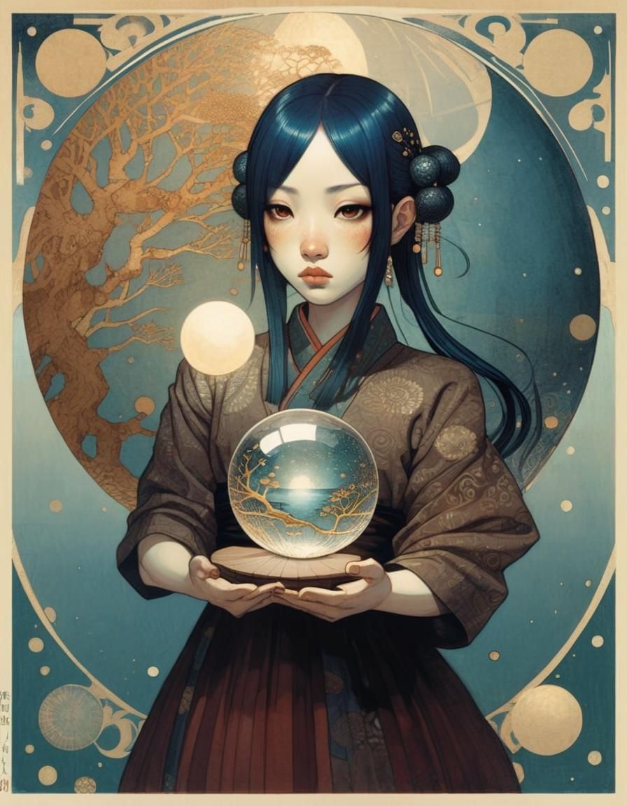 Girl with Crystal Ball, Art Illustration