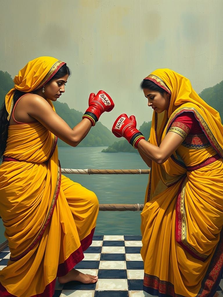 Chessboxing in India: Hudson River School Acrylic Art
