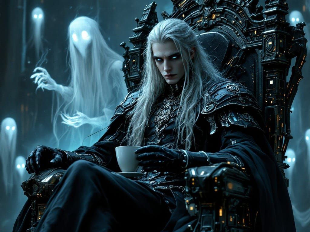 Gothic Knight on Steel Throne with Coffee