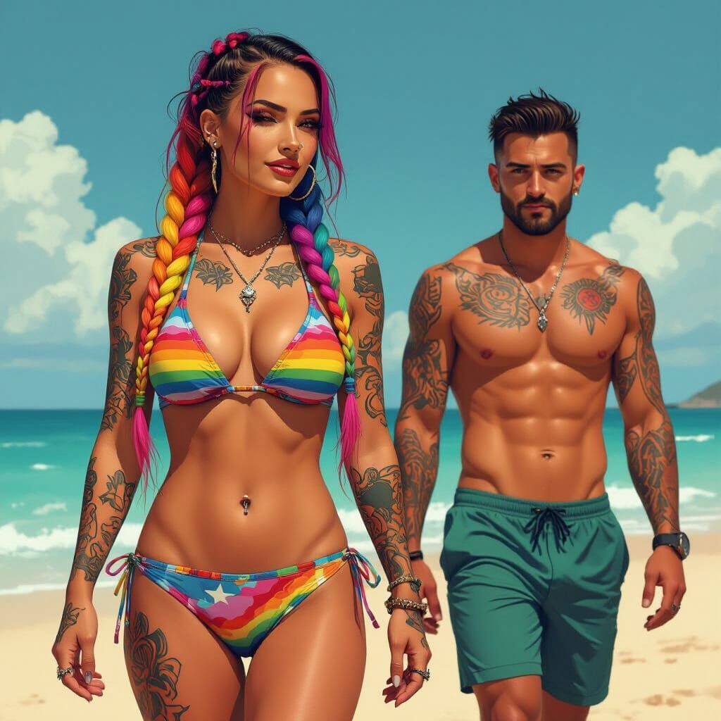 Tattooed Woman in Bikini with Piercings, Noir Style