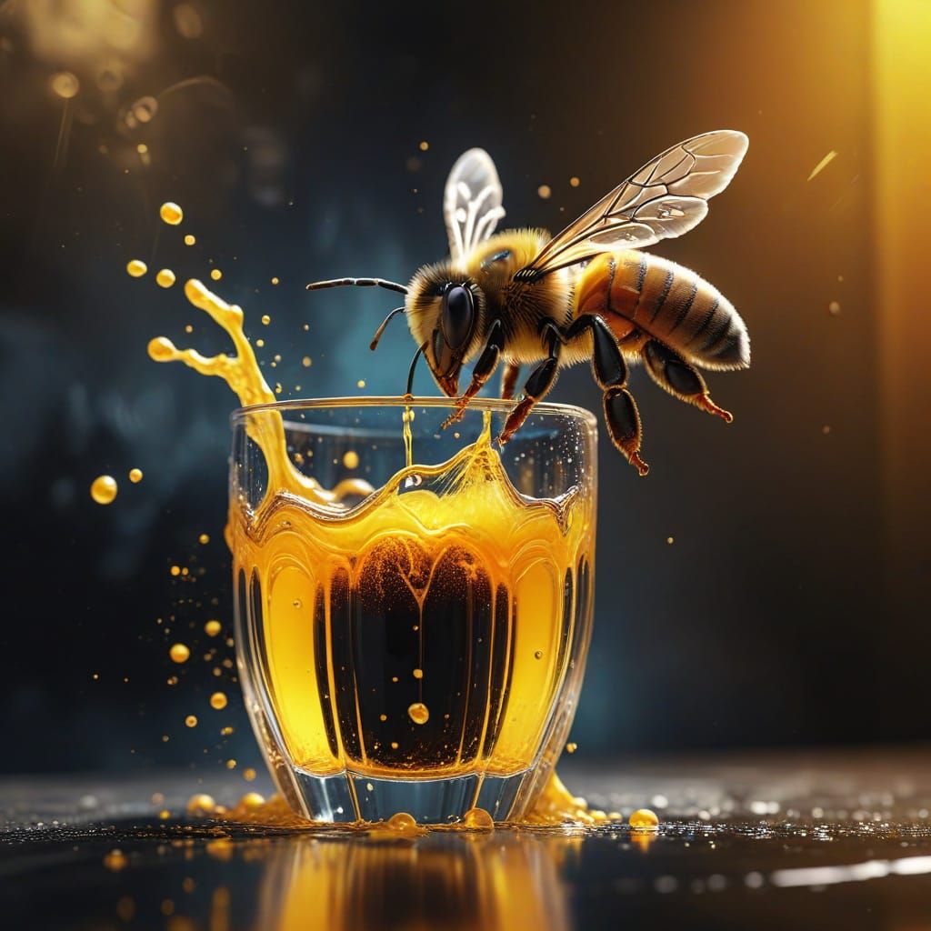A Hyperrealistic Bee Descends a Glass Cup to Golden Juice