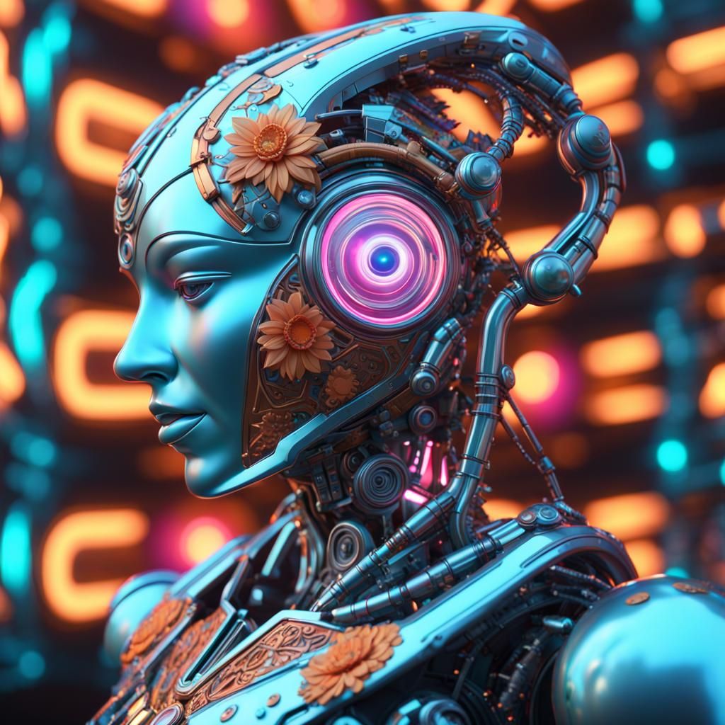 Hyper-Realistic Robotic Musician with Ships in Neon Cyberpun...