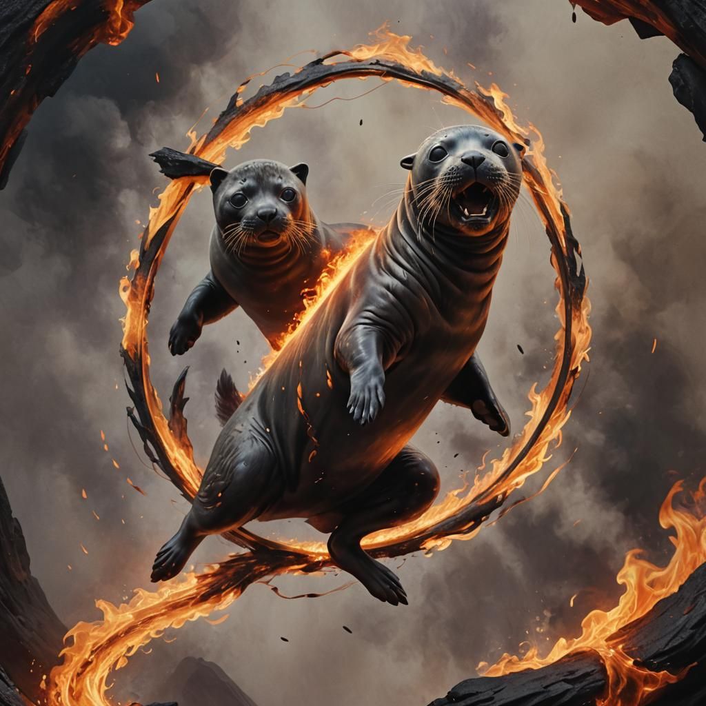Seal jumping through the middle of hoop of fire. Front half ...
