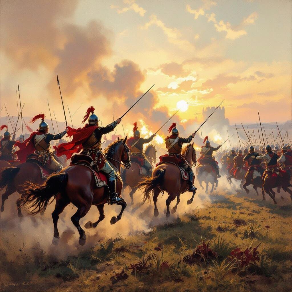 Mounted Polish Hussars Charge Infantry Tercio in Oil Paintin...