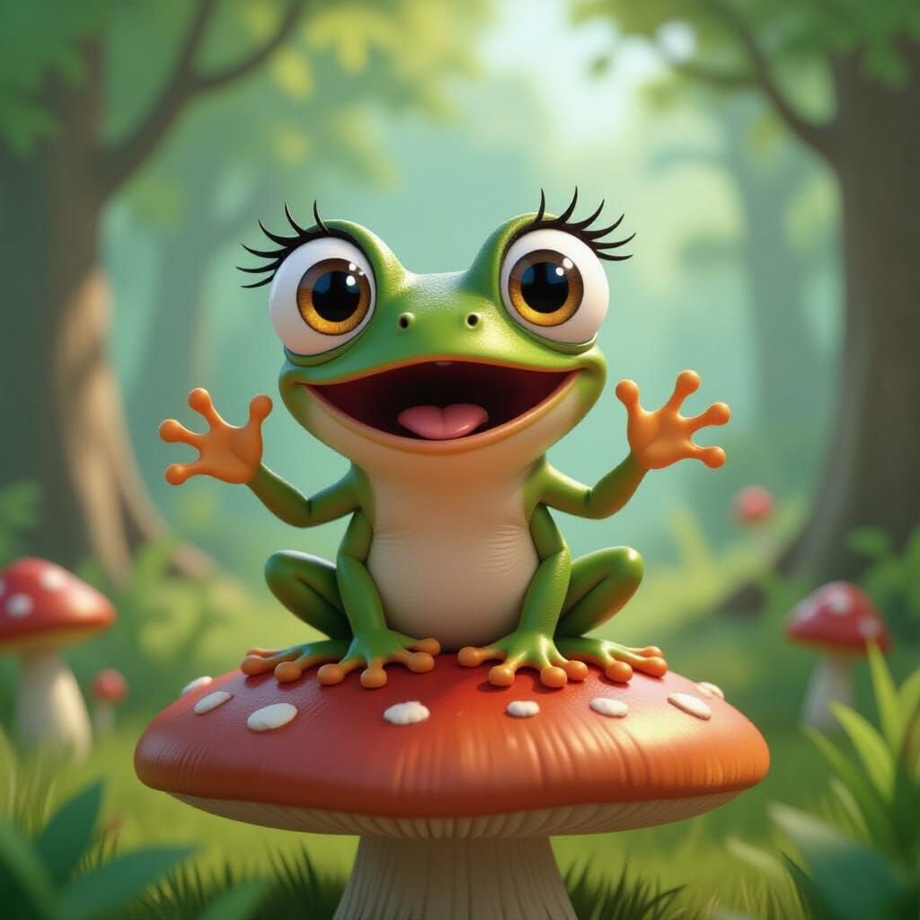 Frog's Extreme Surprise in Whimsical Forest