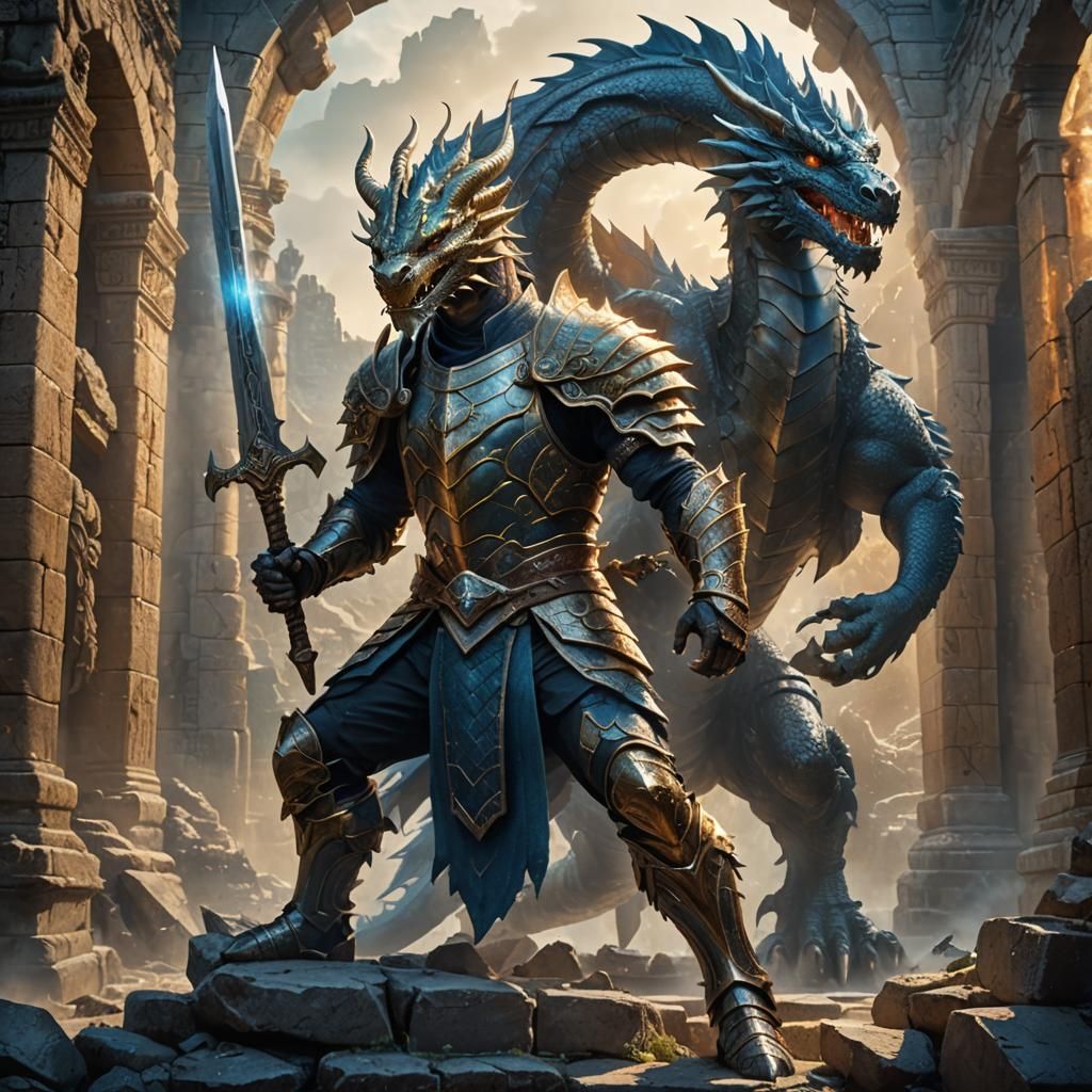 Battle Ready Dragon Man in Ancient Ruins