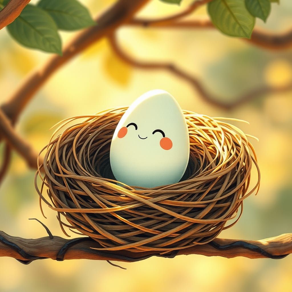 Whimsical Ghibli-Inspired Bird's Nest with Radiant Egg