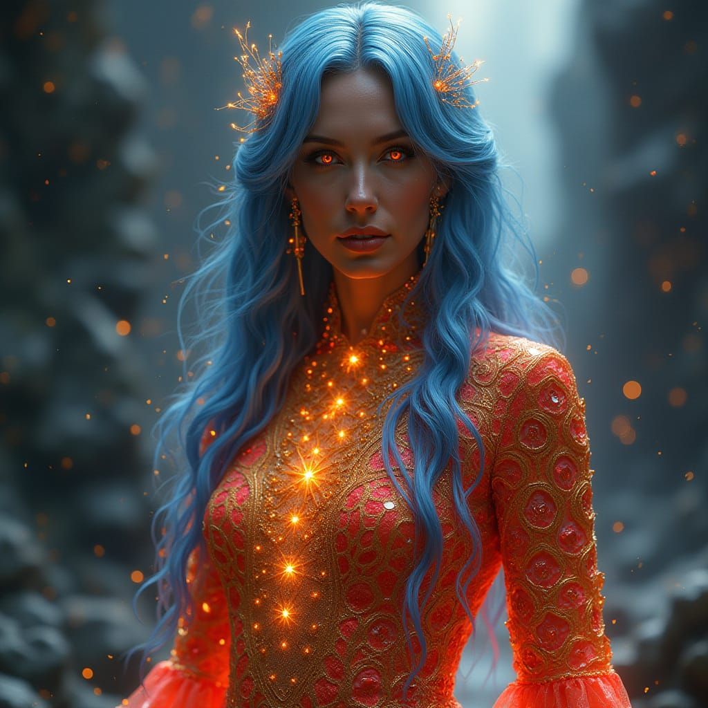 Ethereal Woman in Iridescent Gown with Blazing Orange Eyes