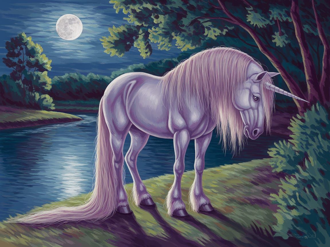 Noble Blind Unicorn by River in Expressionist Style
