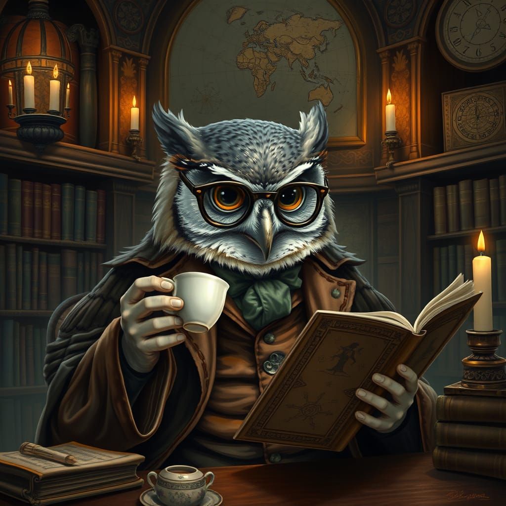 Victorian Owl Reads Grimoire in Candlelit Library