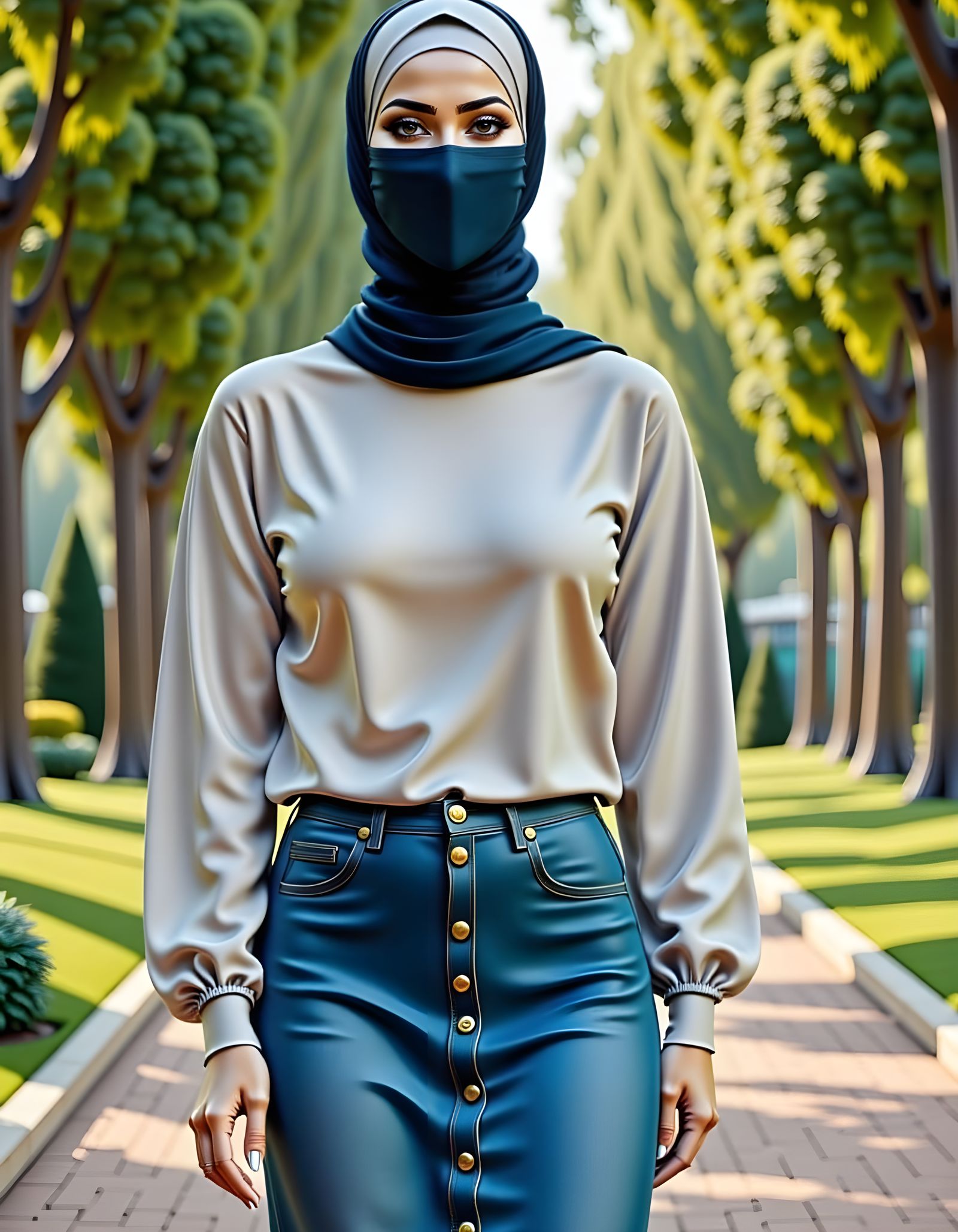 A Modest Hijabi Woman Strolls Through a Park in a Floral Won...