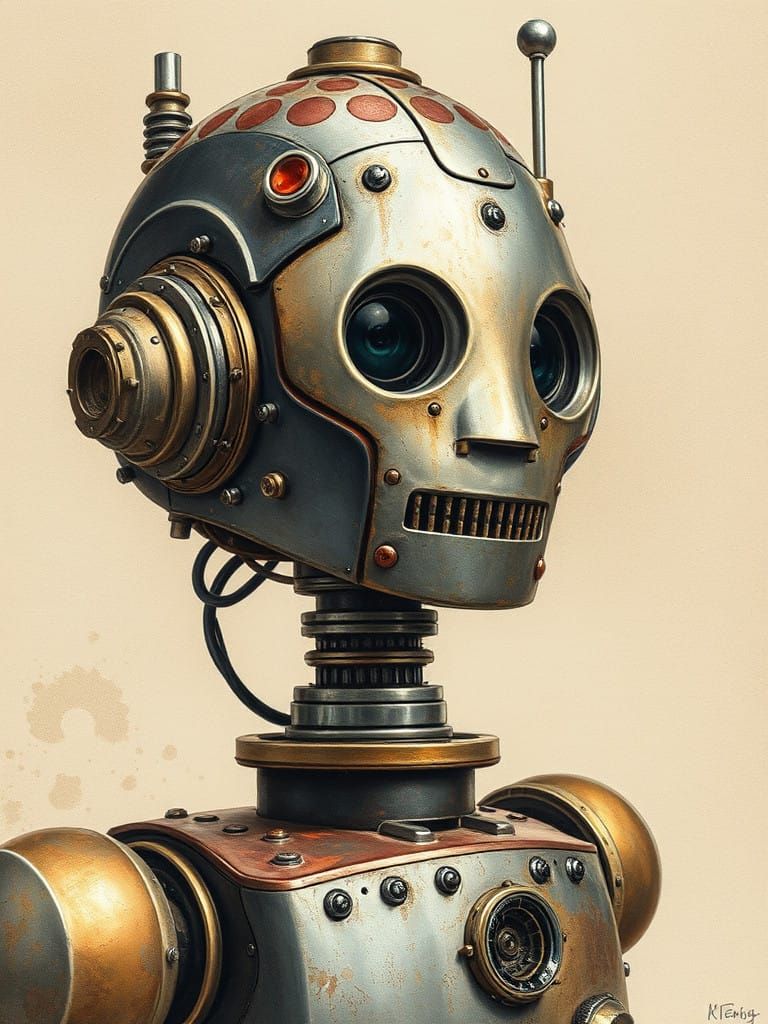 Vintage Robot Portrait in Watercolor Style