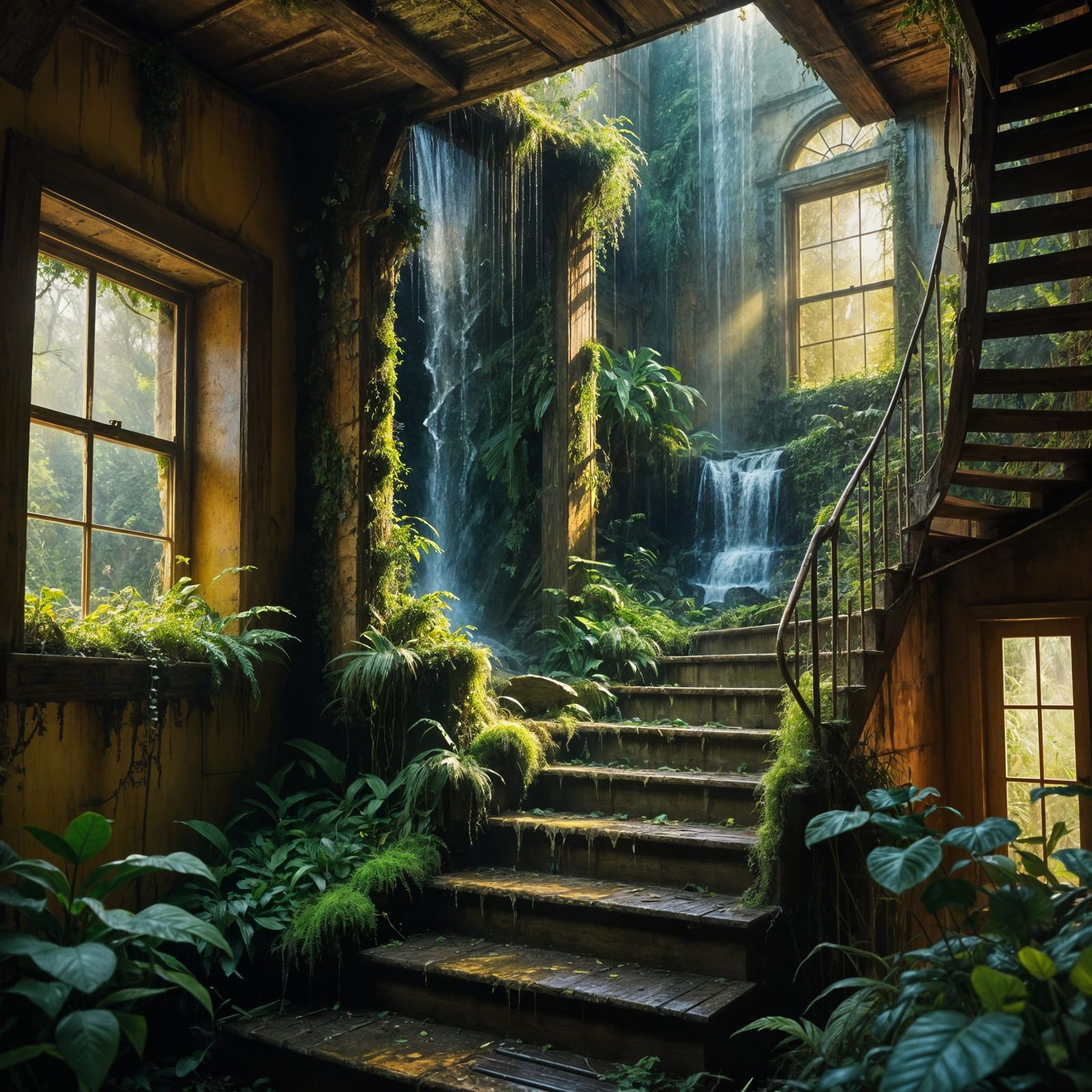 Abandoned House Interior with Waterfall and Vegetation