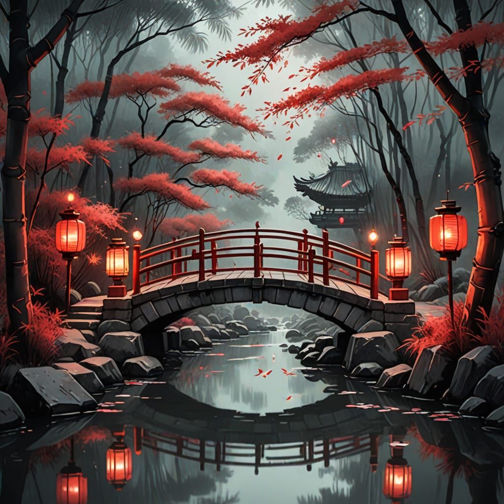 Traditional Chinese Arched Bridge in Misty Bamboo Forest