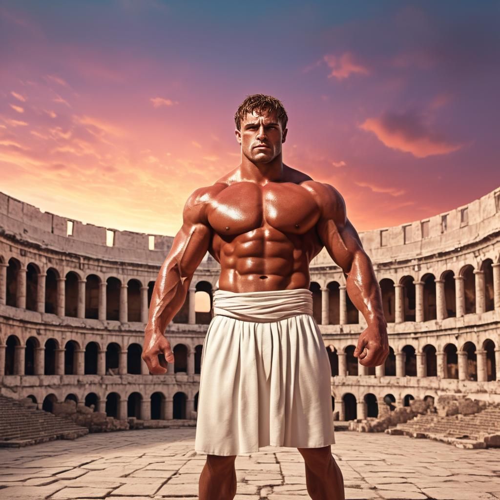 Muscular Greek Wrestler Flexing at Sunset