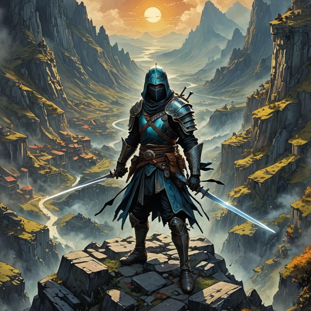 Masked Swordsman on Hill in Retro Style