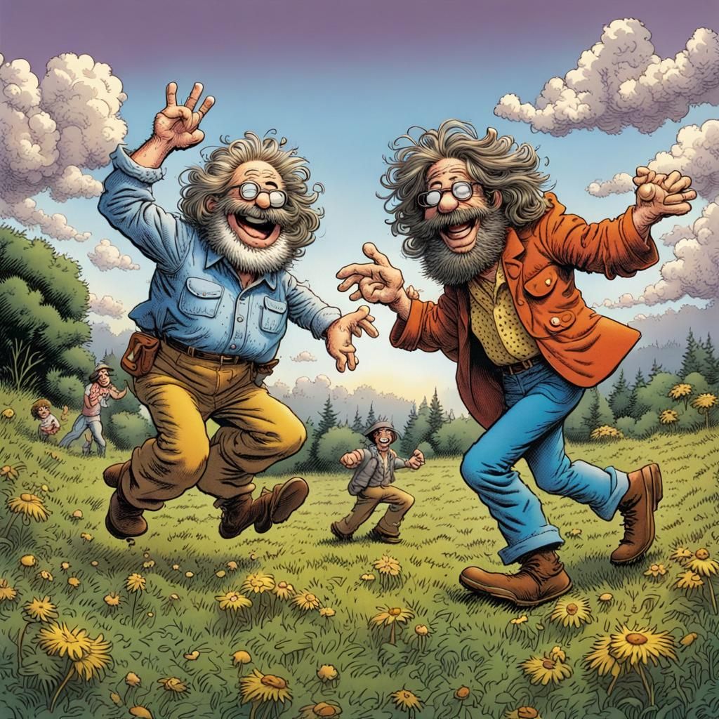 Underground Comic Characters Dancing in a Meadow