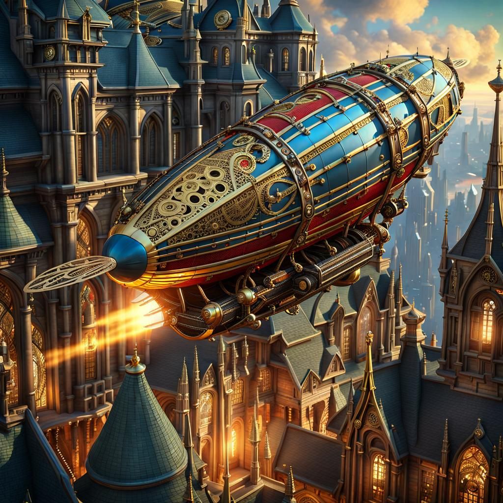 Steampunk Zeppelin Over Cyberpunk Gothic City