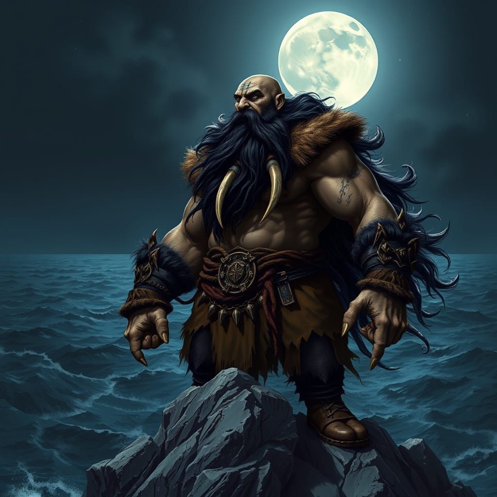 Half-Orc Chieftain on Craggy Peak in Dark Fantasy Style
