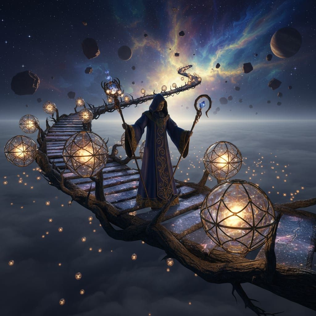 Celestial Lantern Keeper Tending Star-Lanterns on Sky Bridge