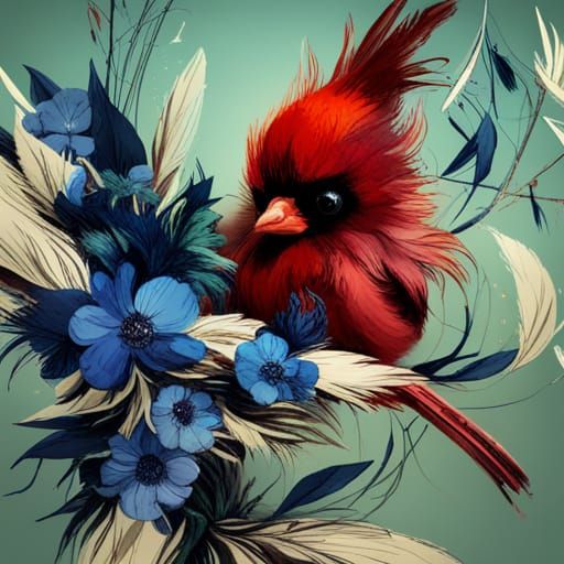 Adorable Cardinal with Blue Flowers, Hyperrealistic Art