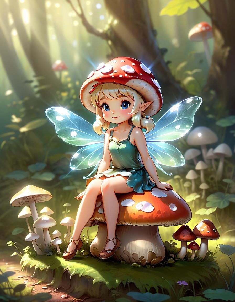 Cute Fairy on Mushroom: Cel-Shaded Illustration