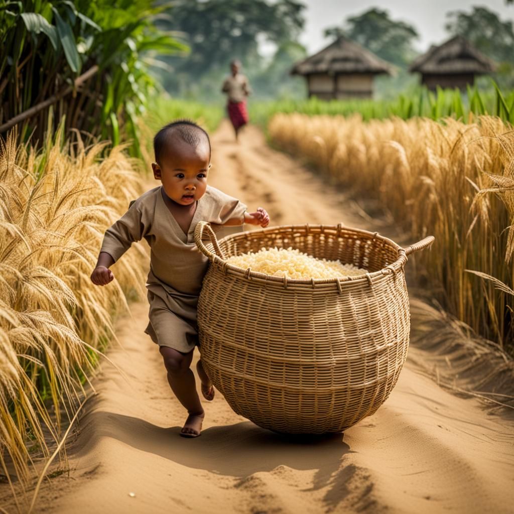Humorous Scene: Giant Baby Running with Rice