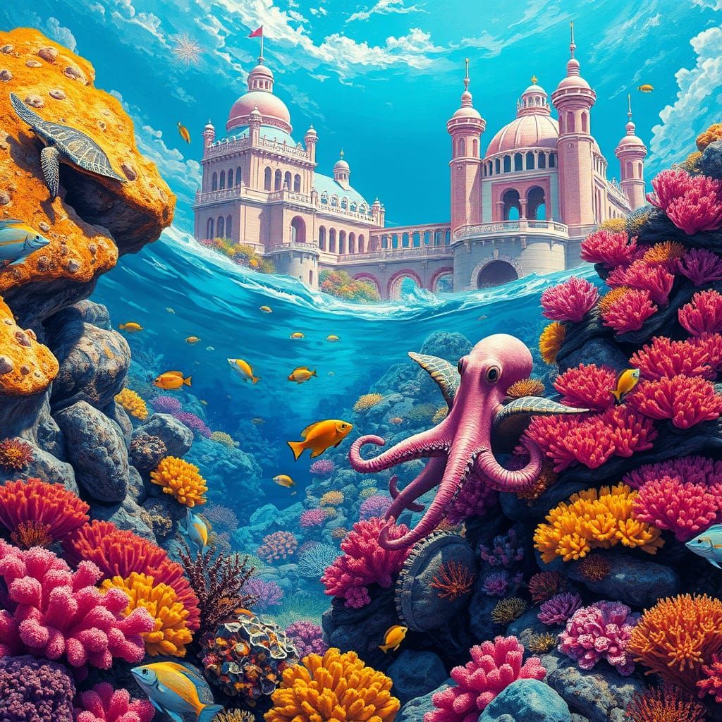 Lively Coral Reef with Quartz Castle, Graffiti Art
