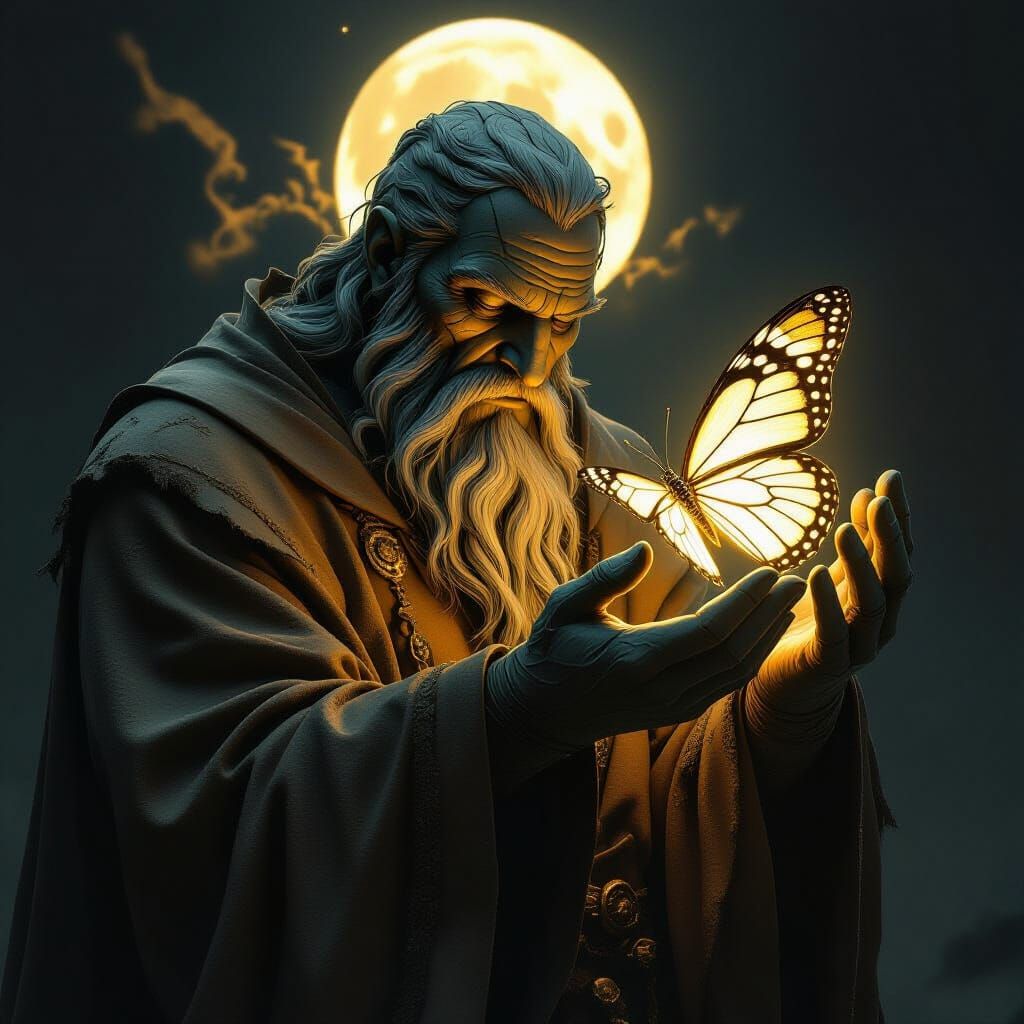 Stone Giant with Crystal Butterfly in Hyperrealistic Style