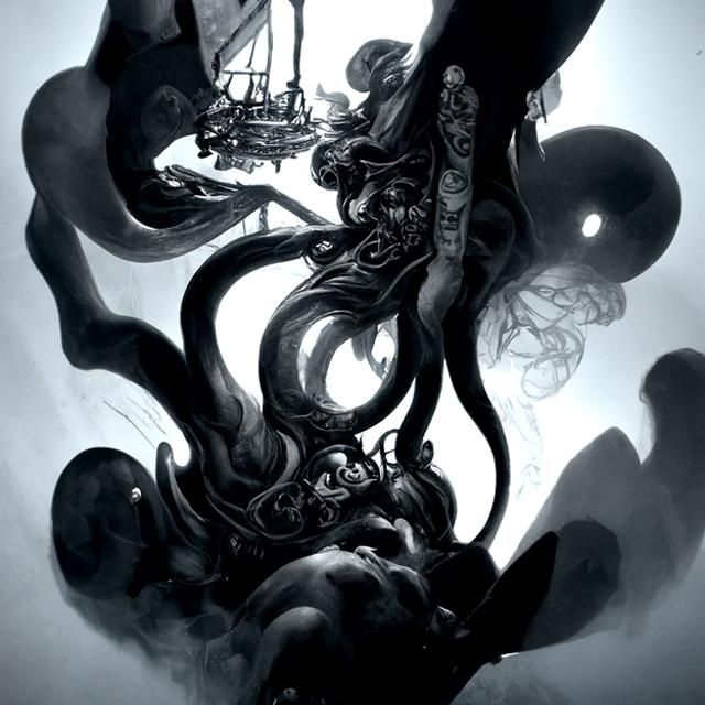 Kraken Attacks Pirate Ship in Lovecraftian Style