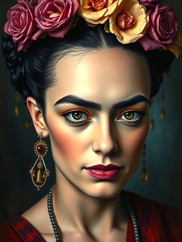 Portrait Frida Kahlo, Close-up, Surreal, Dreamlike lighting, Digital painting, Amy Judd, Salvador Dali, love.