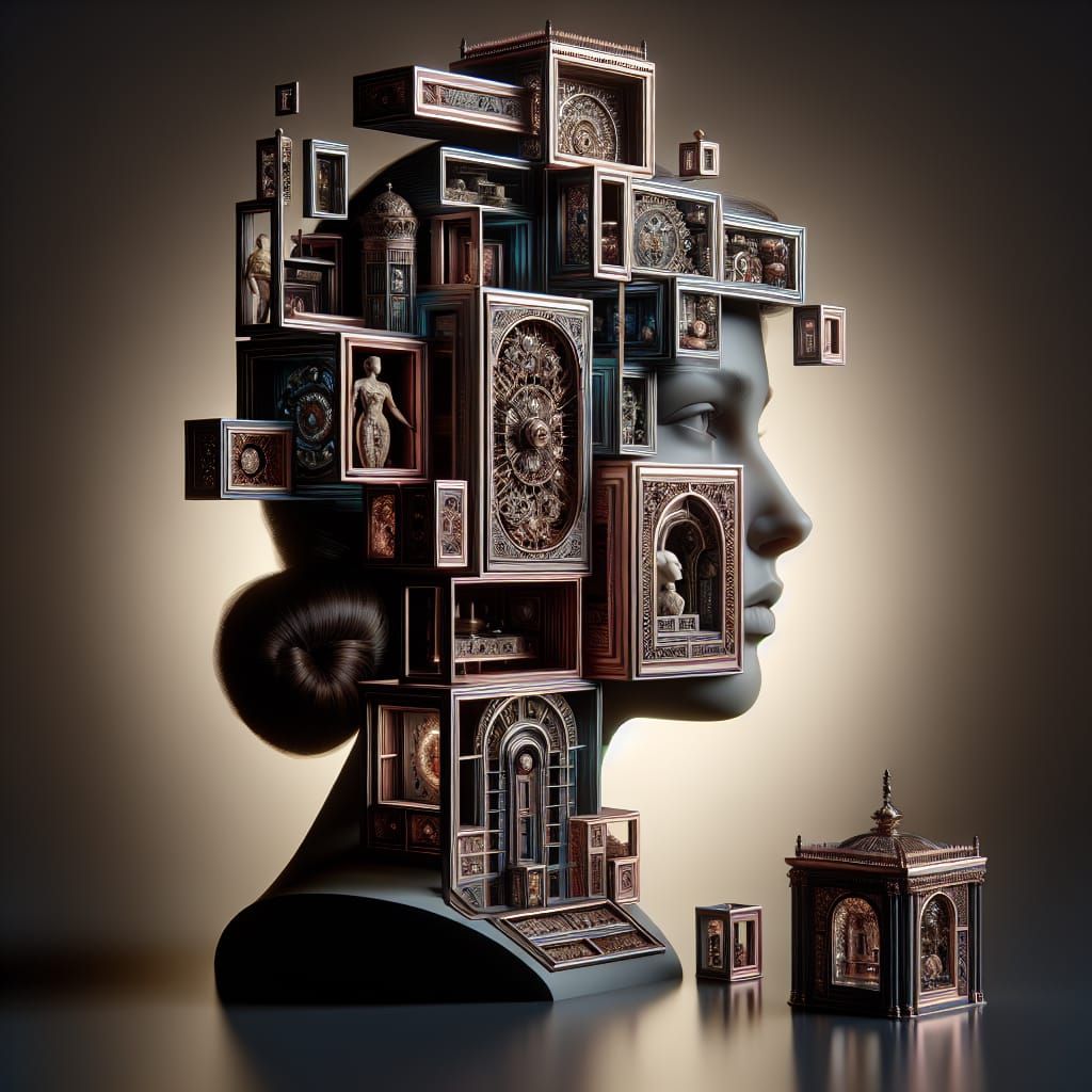 Ornate Display Box Replaces Woman's Head: 3D Render