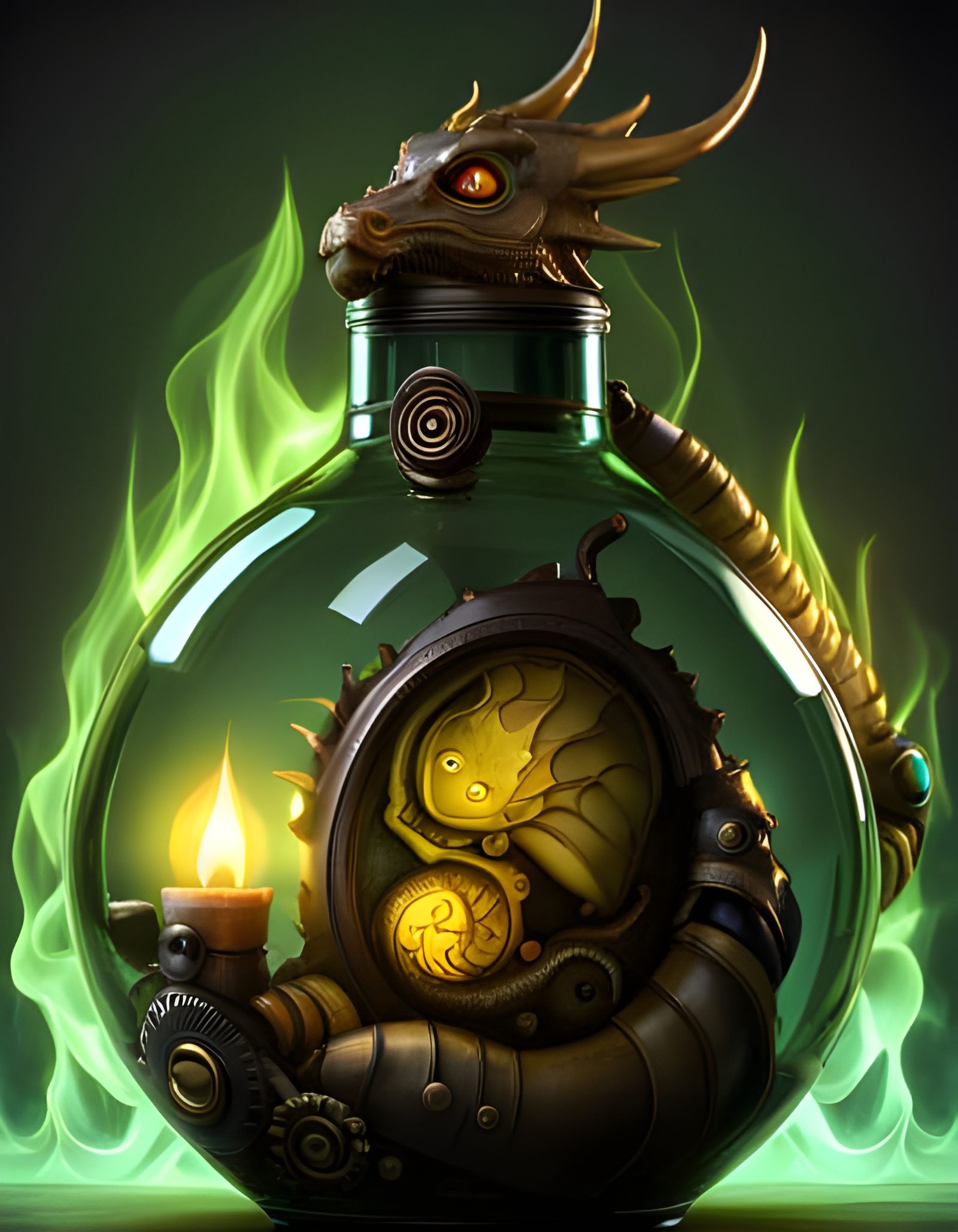 Steampunk Dragon Hatchling in Glass Bottle