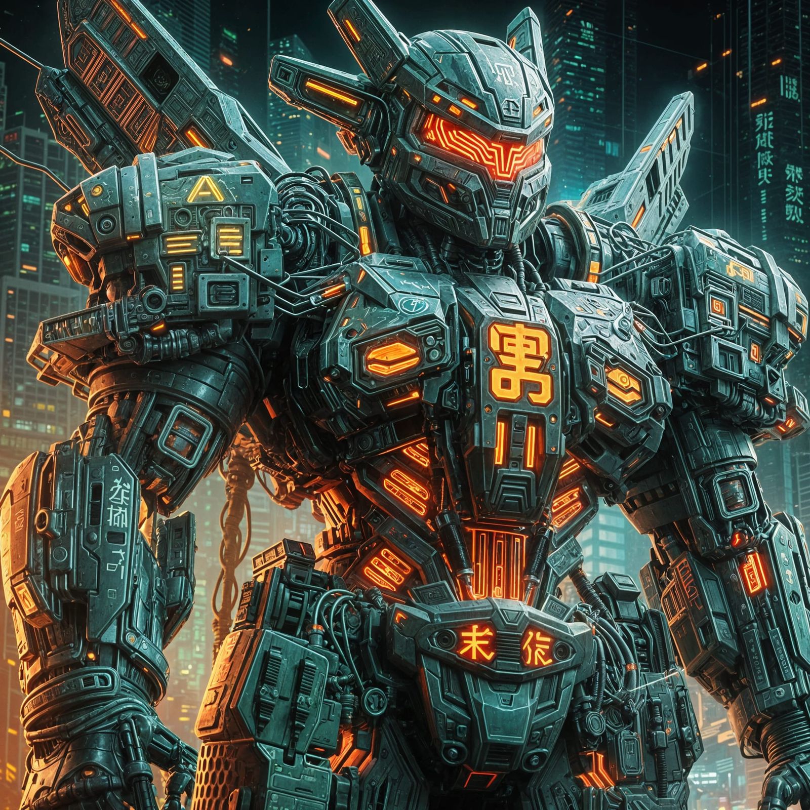 Colossal Neon Mech Portrait in Cyberpunk Style