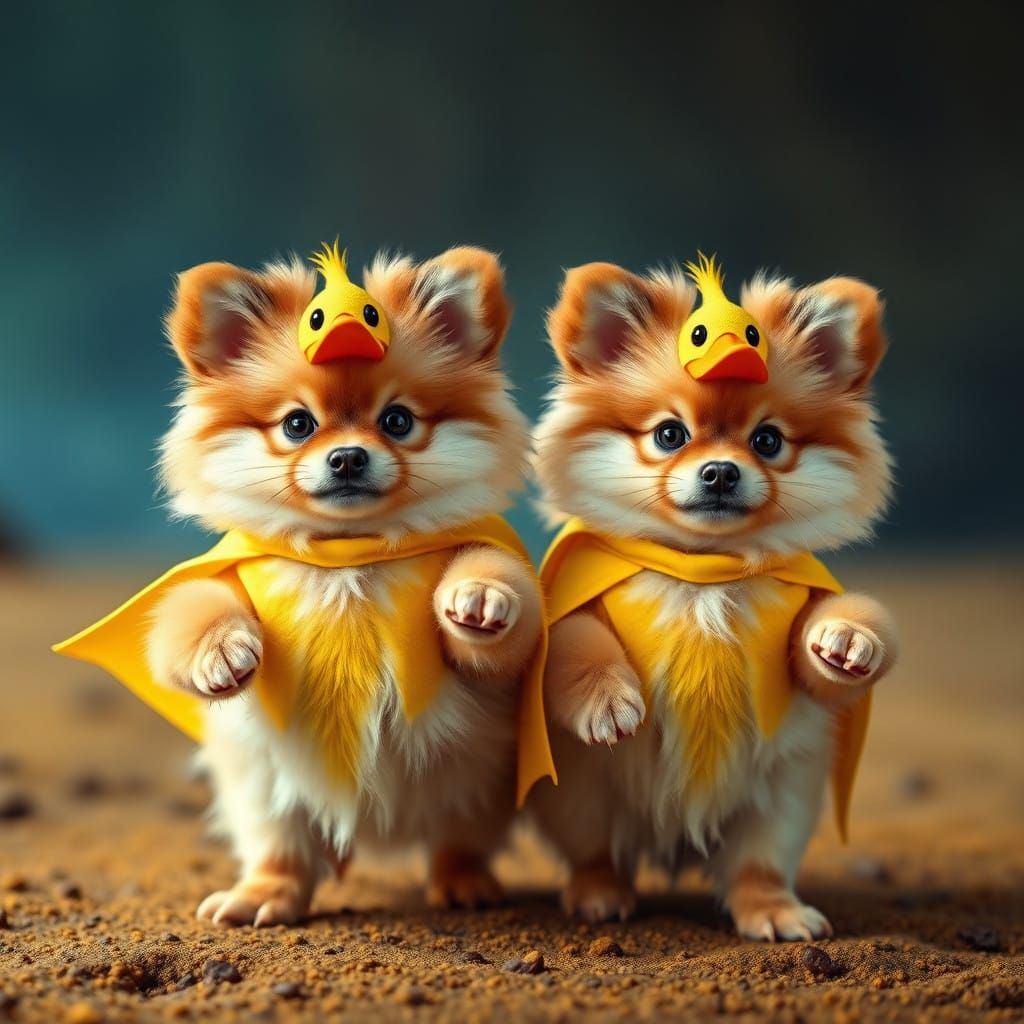 Heroic Pomeranian Puppies as Yellow Duck Superheroes
