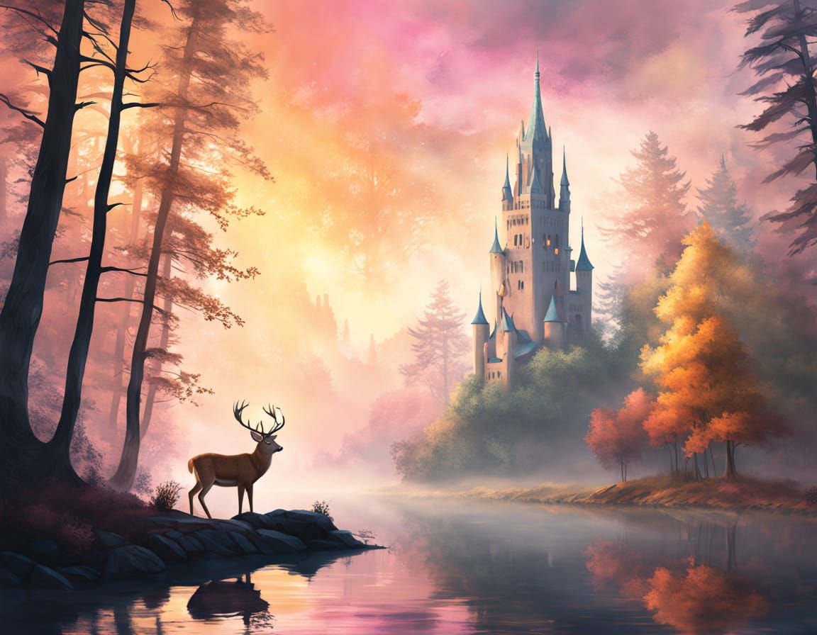 Misty Forest Deer by Tower - Moody Digital Painting