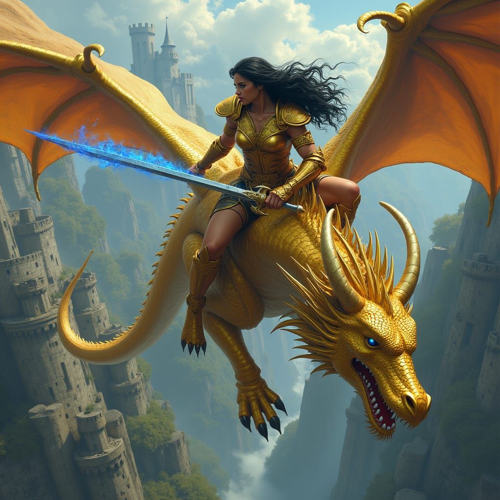 Ethereal Queen Rides Golden Dragon Above Ancient Castle