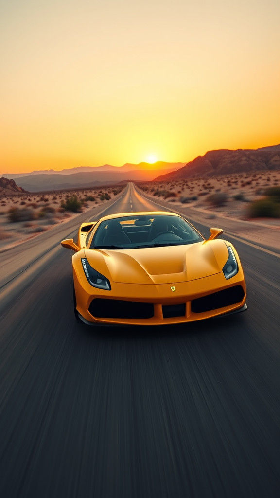Yellow Ferrari Rides into Desert Sunset