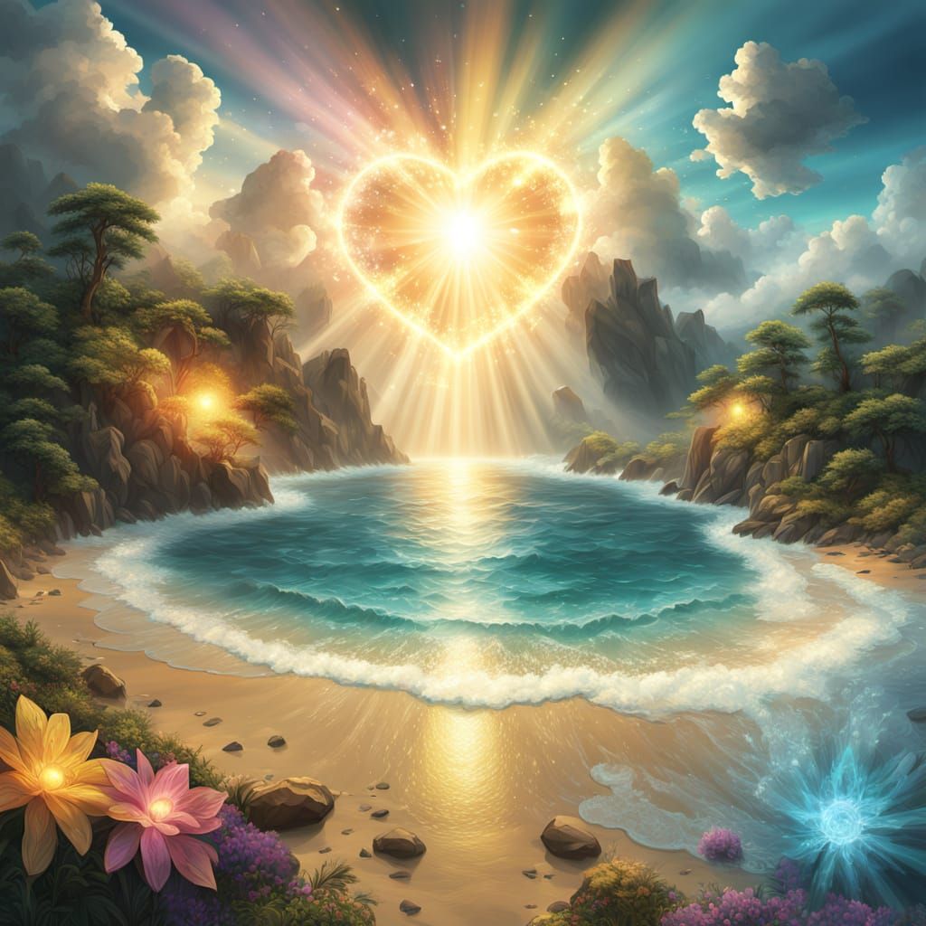 Beaches Connected by Bridge with Golden Heart in Sky