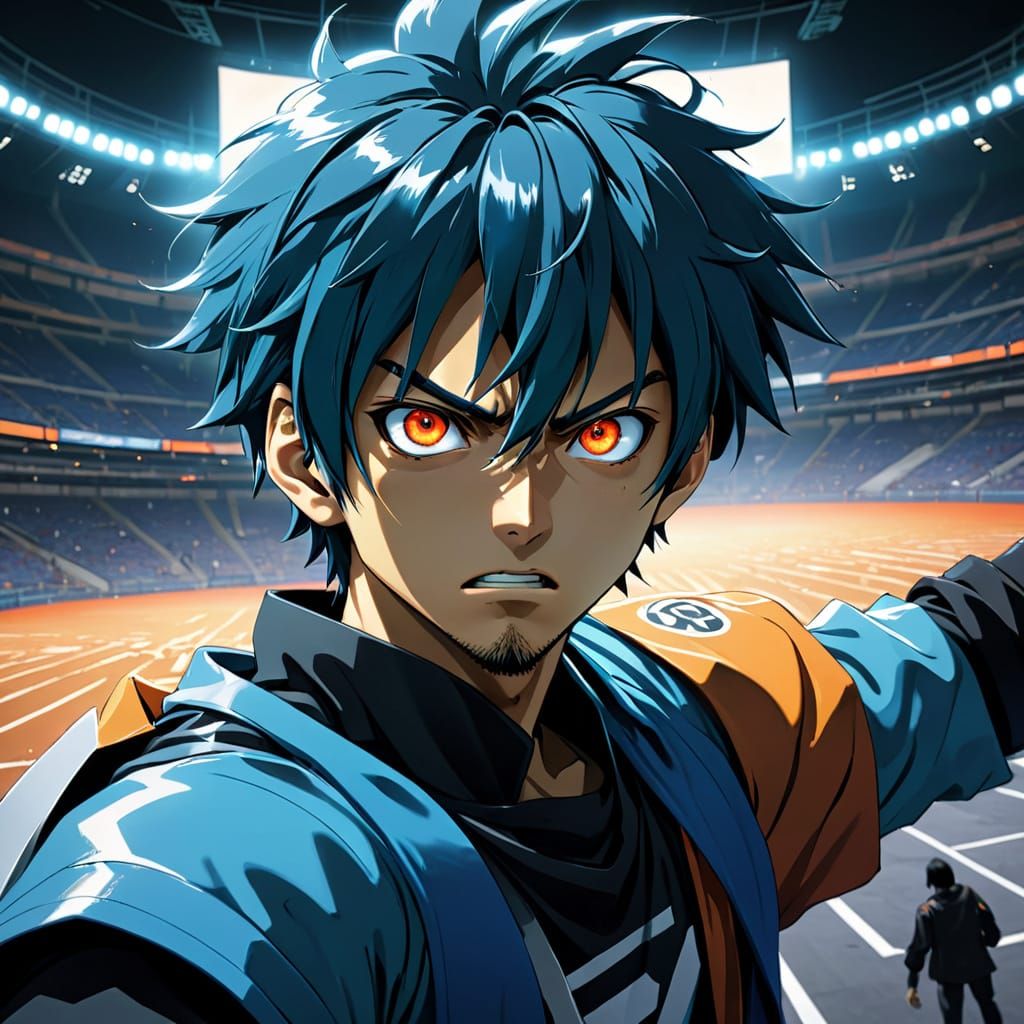 Anime Boy in Epic Stadium Battle, Glowing Neon Lights