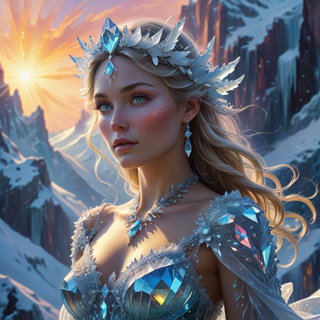 Ice Goddess on Glacial Mountain: Triadic Oil Painting