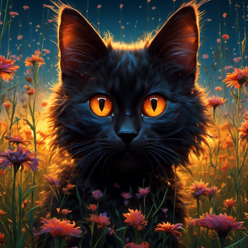 Hyperrealistic Black Kitten in Sunny Meadow