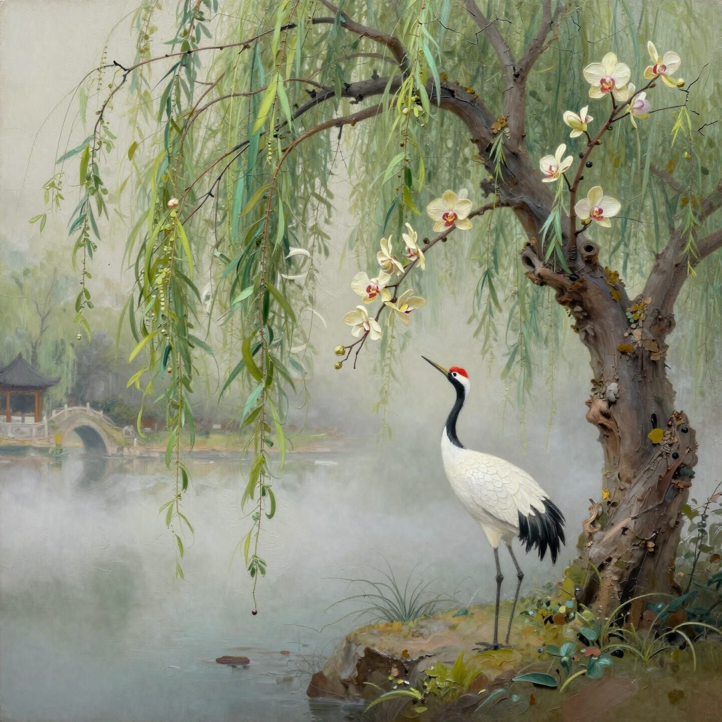 Whimsical Asian Scenery with Crane Bird in Oil Painting Styl...