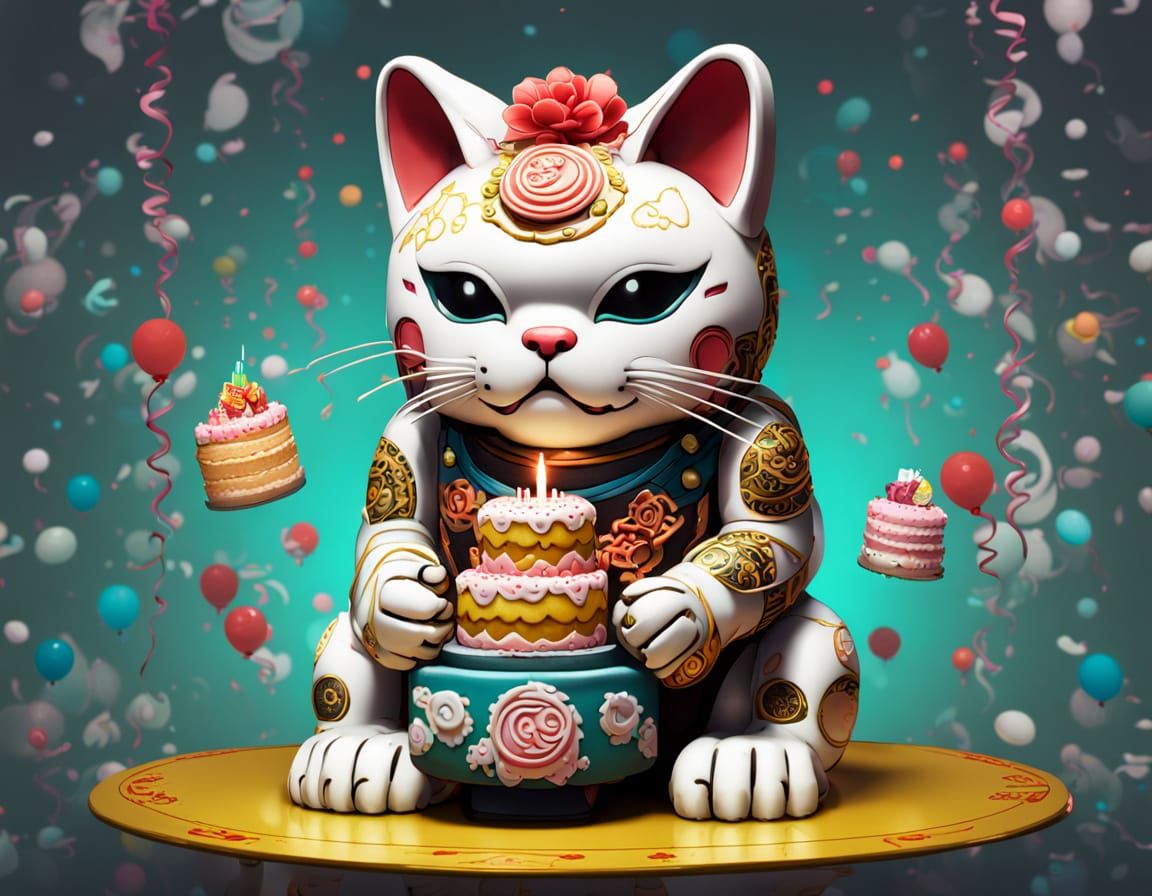 Cyberpunk Maneki-Neko Reveals a Futuristic Birthday Cake